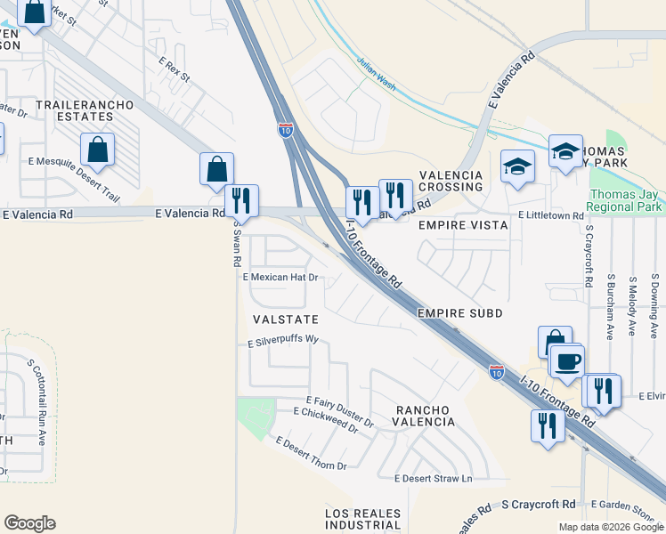map of restaurants, bars, coffee shops, grocery stores, and more near 6648 South Plantain Place in Tucson