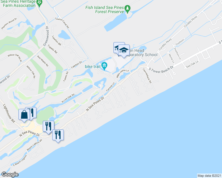 map of restaurants, bars, coffee shops, grocery stores, and more near 5 Wood Ibis Road in Hilton Head Island