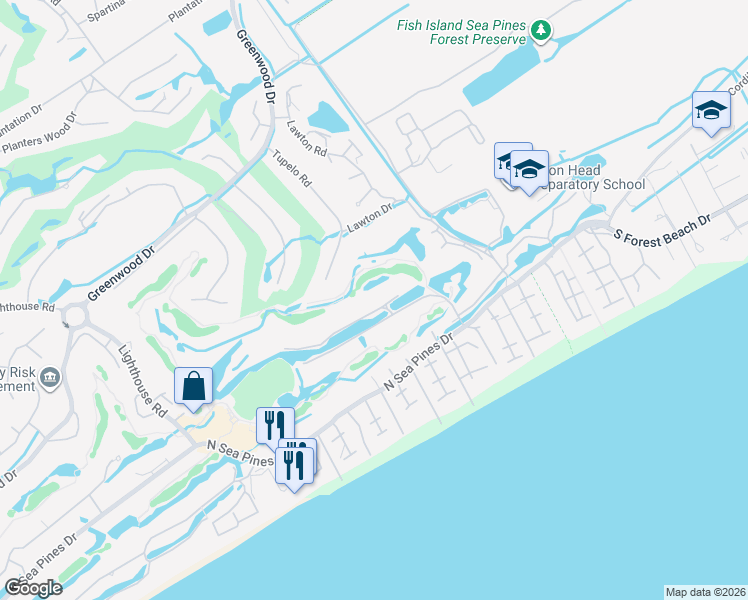 map of restaurants, bars, coffee shops, grocery stores, and more near 16 North Live Oak Road in Hilton Head Island