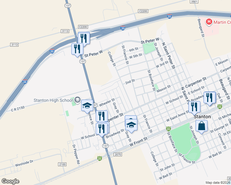 map of restaurants, bars, coffee shops, grocery stores, and more near Wheeler Street in Stanton