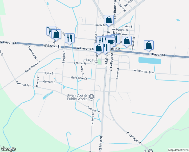 map of restaurants, bars, coffee shops, grocery stores, and more near 80 McFadden Drive in Pembroke