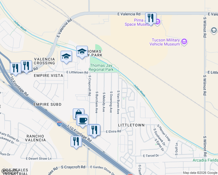 map of restaurants, bars, coffee shops, grocery stores, and more near 6549 South Melody Avenue in Tucson