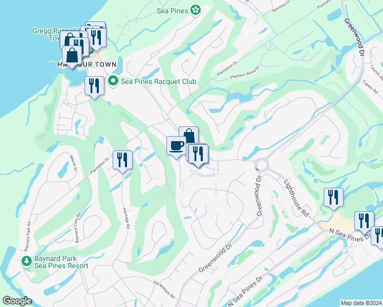 map of restaurants, bars, coffee shops, grocery stores, and more near 80 Lighthouse Road in Hilton Head Island