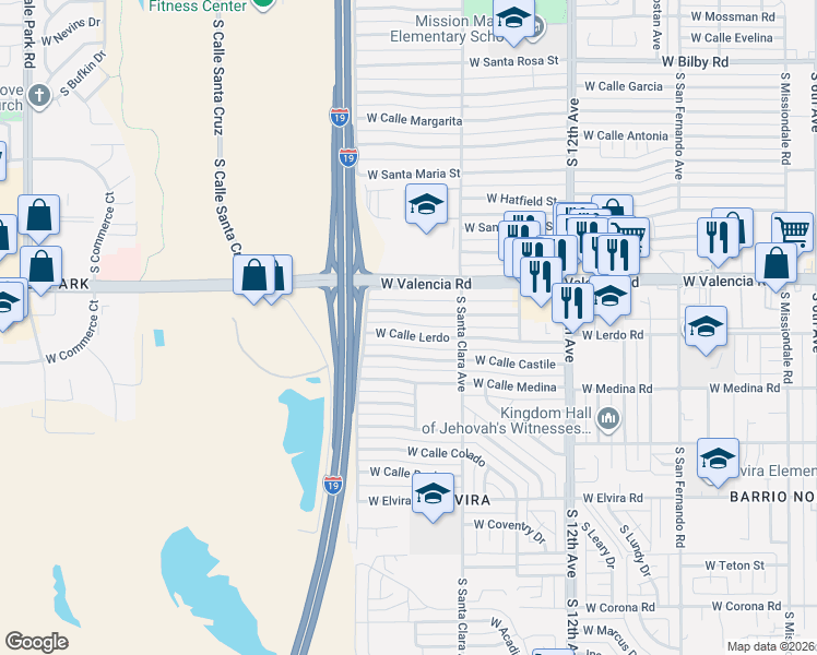 map of restaurants, bars, coffee shops, grocery stores, and more near 850 West Calle De Casas Lindas in Tucson