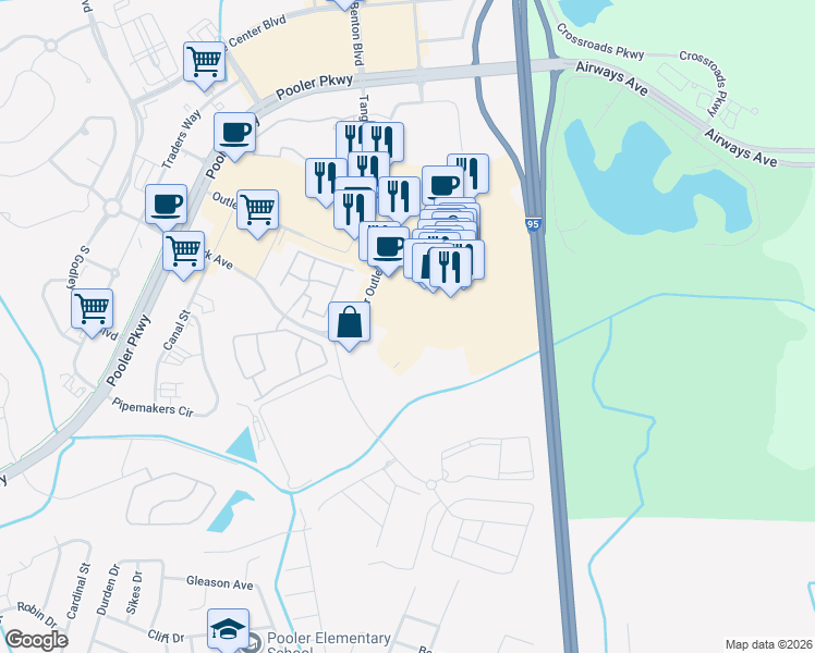 map of restaurants, bars, coffee shops, grocery stores, and more near 285 Park Avenue in Pooler