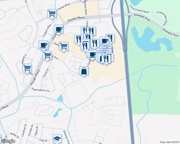 map of restaurants, bars, coffee shops, grocery stores, and more near 285 Park Avenue in Pooler