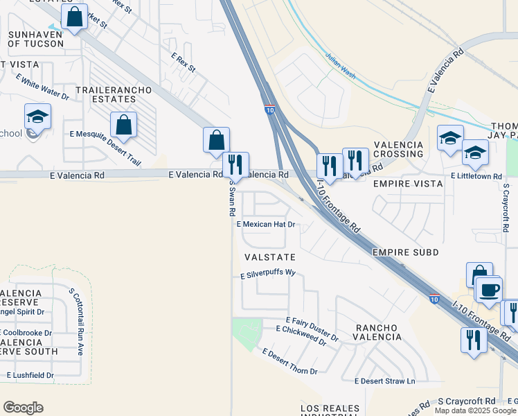map of restaurants, bars, coffee shops, grocery stores, and more near 4784 East Canary Grass Drive in Tucson
