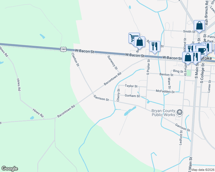 map of restaurants, bars, coffee shops, grocery stores, and more near 437 Harn Street in Pembroke