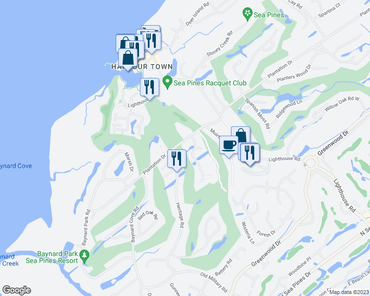 map of restaurants, bars, coffee shops, grocery stores, and more near 67 Plantation Drive in Hilton Head Island