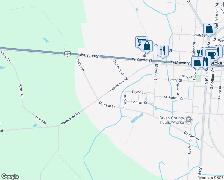map of restaurants, bars, coffee shops, grocery stores, and more near 437 Harn Street in Pembroke