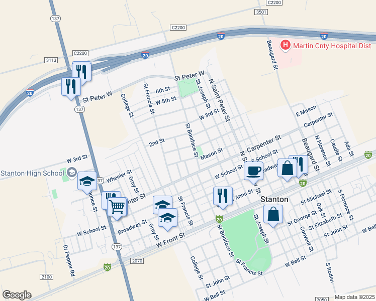 map of restaurants, bars, coffee shops, grocery stores, and more near 401-499 1st Street in Stanton