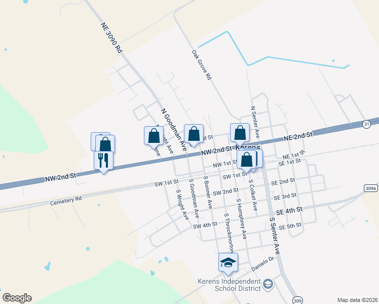 map of restaurants, bars, coffee shops, grocery stores, and more near 410 Northwest 2nd Street in Kerens