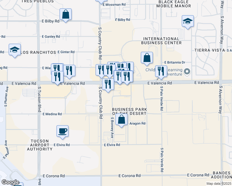 map of restaurants, bars, coffee shops, grocery stores, and more near 3201 East Universal Way in Tucson