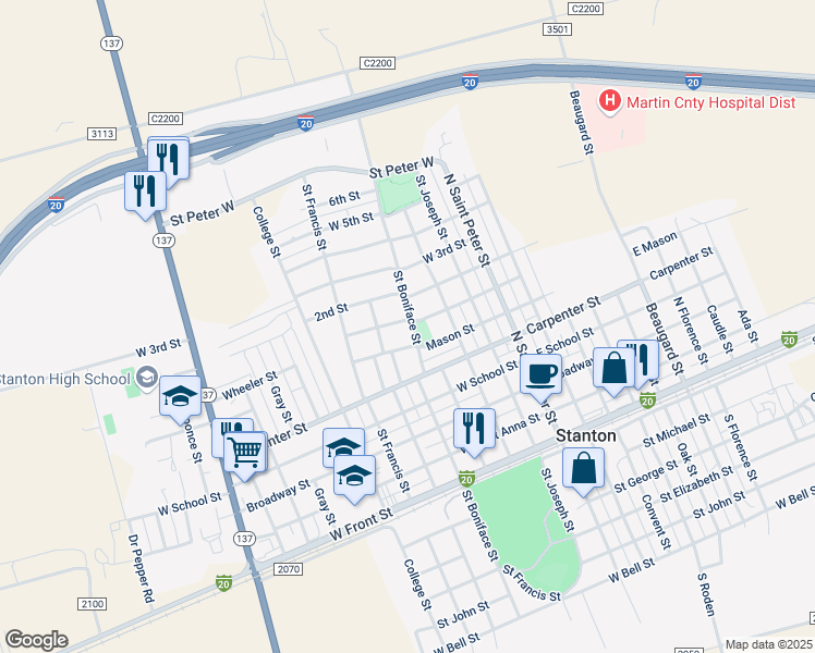 map of restaurants, bars, coffee shops, grocery stores, and more near 401 1st Street in Stanton