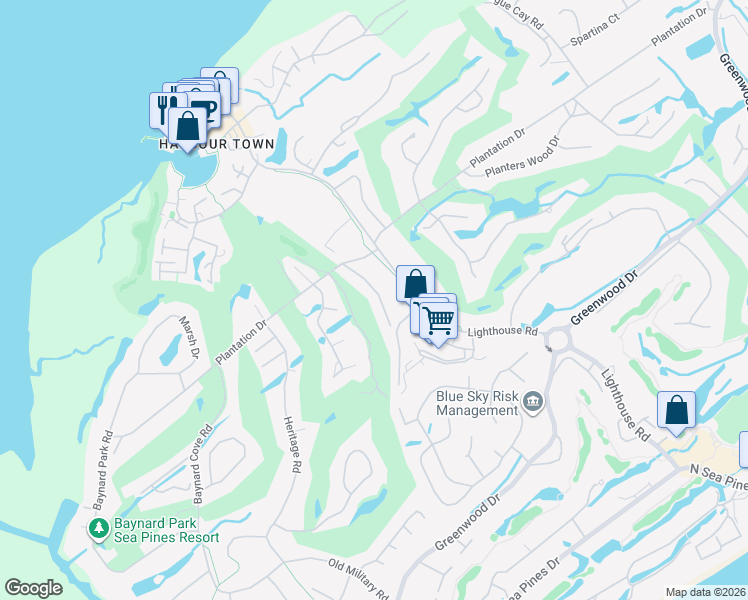 map of restaurants, bars, coffee shops, grocery stores, and more near 6989 Muirfield Road in Hilton Head Island
