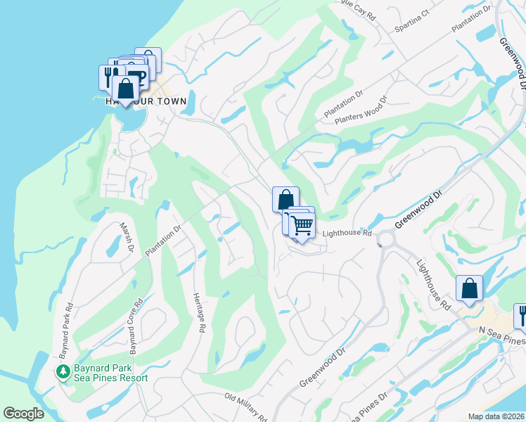 map of restaurants, bars, coffee shops, grocery stores, and more near 6989 Muirfield Road in Hilton Head Island