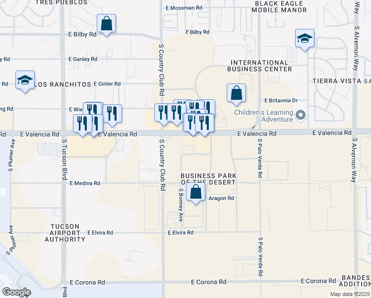 map of restaurants, bars, coffee shops, grocery stores, and more near 3201 East Universal Way in Tucson