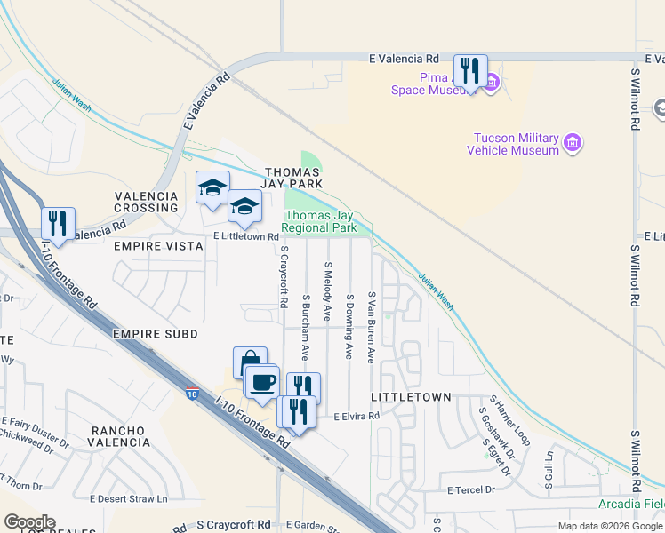 map of restaurants, bars, coffee shops, grocery stores, and more near 6549 South Melody Avenue in Tucson