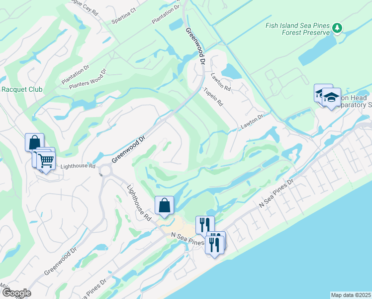 map of restaurants, bars, coffee shops, grocery stores, and more near 19 Willow Oak Road in Hilton Head Island