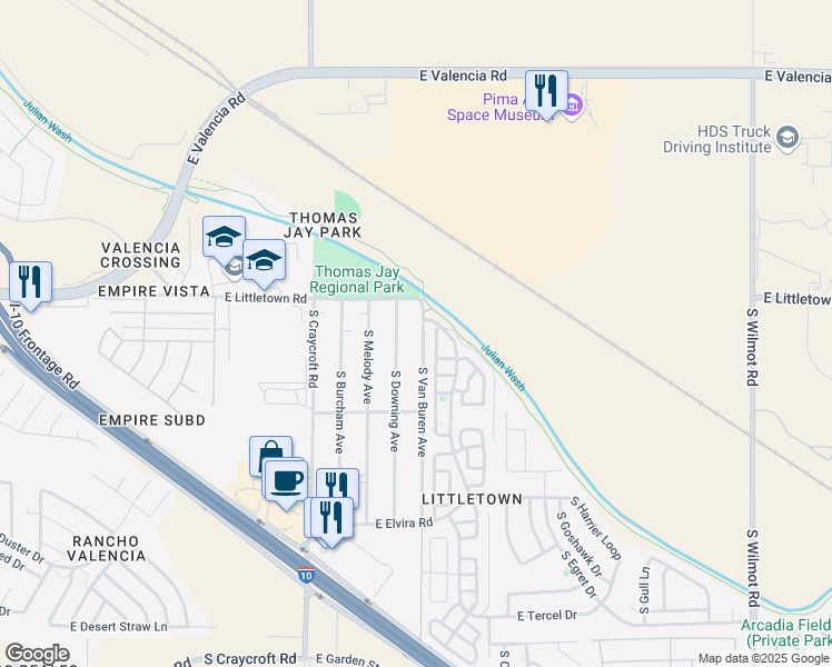 map of restaurants, bars, coffee shops, grocery stores, and more near 6540 South Van Buren Avenue in Tucson