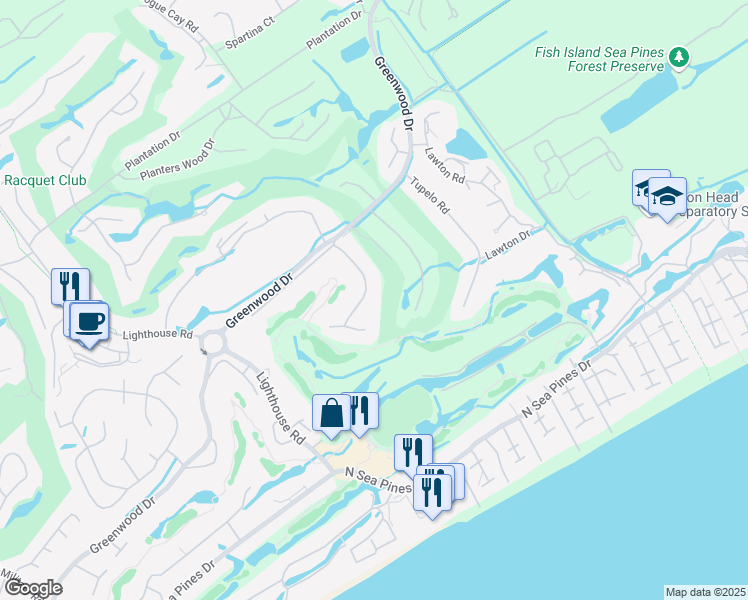 map of restaurants, bars, coffee shops, grocery stores, and more near 19 Willow Oak Rd in Hilton Head Island