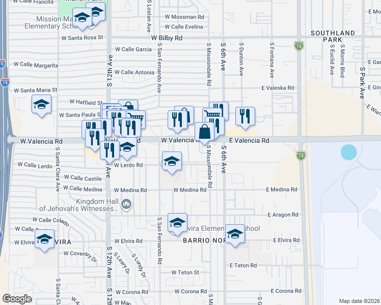 map of restaurants, bars, coffee shops, grocery stores, and more near 175 West Valencia Road in Tucson