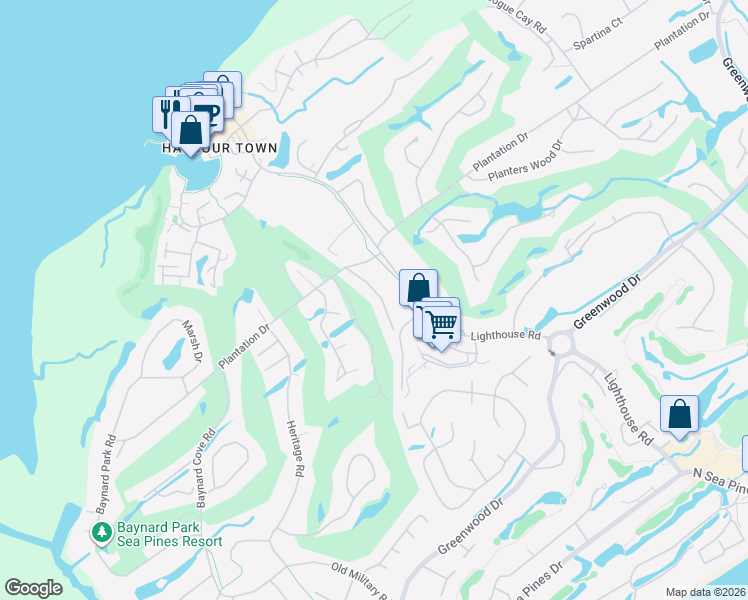 map of restaurants, bars, coffee shops, grocery stores, and more near 6989 Muirfield Road in Hilton Head Island