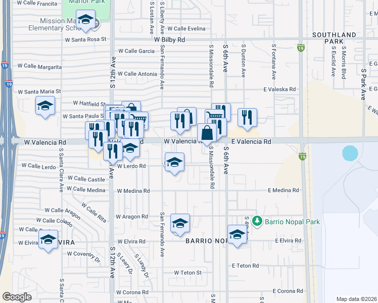 map of restaurants, bars, coffee shops, grocery stores, and more near 175 West Valencia Road in Tucson
