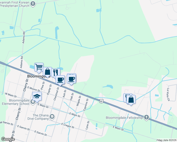 map of restaurants, bars, coffee shops, grocery stores, and more near 24 Douglas Court in Bloomingdale