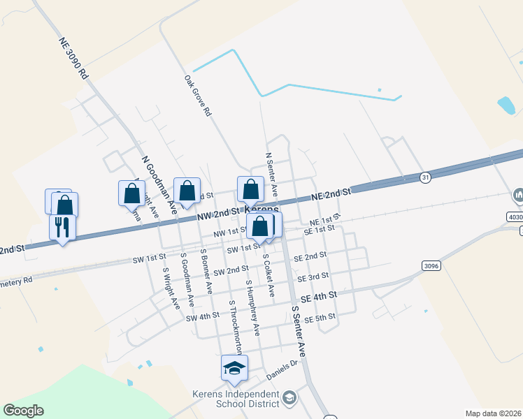 map of restaurants, bars, coffee shops, grocery stores, and more near in Kerens