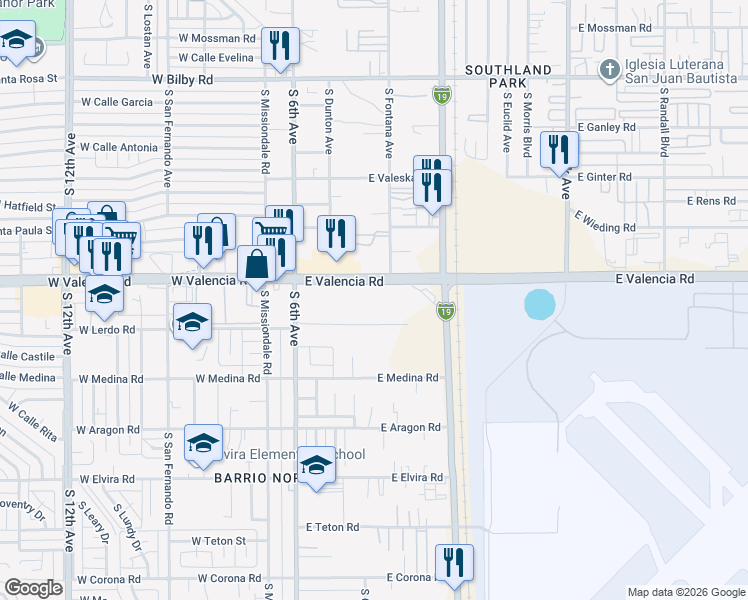 map of restaurants, bars, coffee shops, grocery stores, and more near 334 East Valencia Road in Tucson