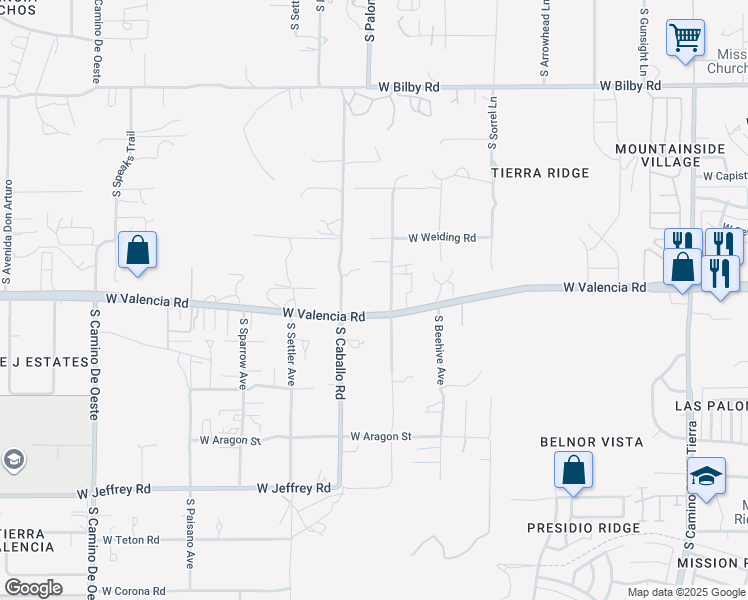 map of restaurants, bars, coffee shops, grocery stores, and more near 4004 West Valencia Road in Tucson