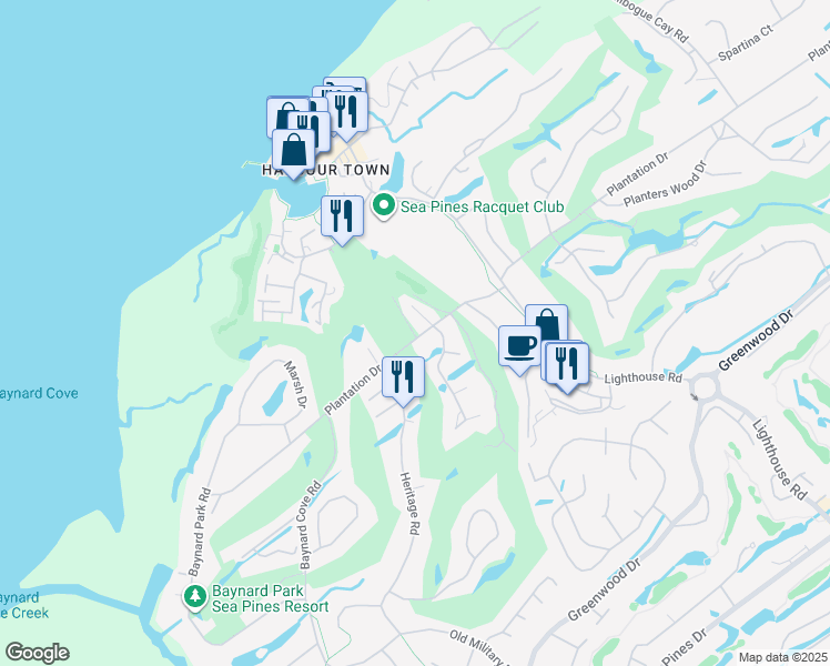 map of restaurants, bars, coffee shops, grocery stores, and more near 67 Plantation Drive in Hilton Head Island