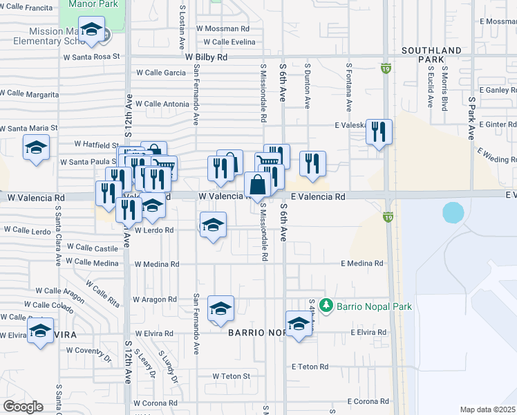 map of restaurants, bars, coffee shops, grocery stores, and more near 155 West Valencia Road in Tucson