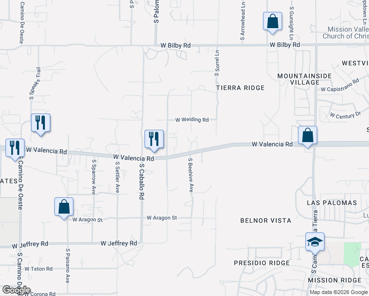 map of restaurants, bars, coffee shops, grocery stores, and more near 3883 West Valencia Road in Tucson