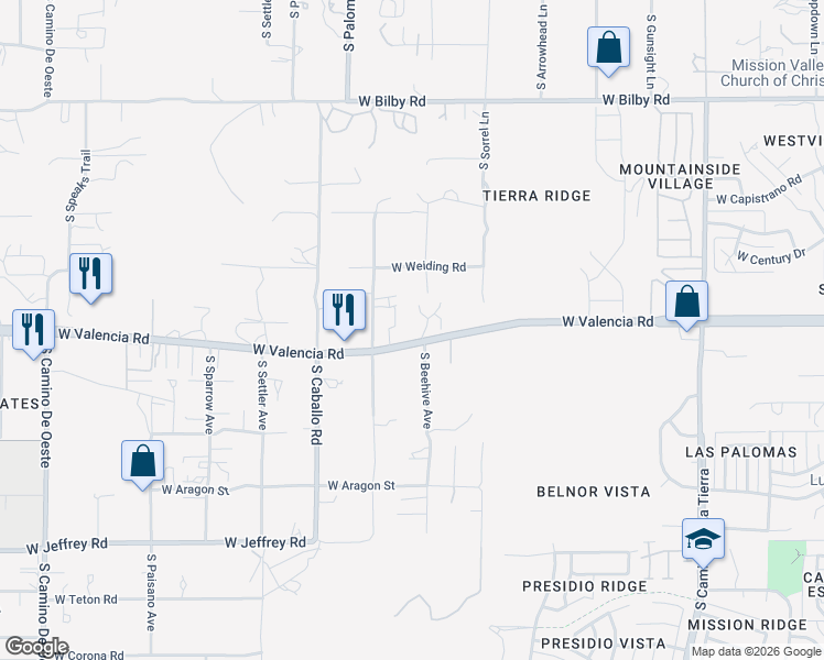 map of restaurants, bars, coffee shops, grocery stores, and more near 3883 West Valencia Road in Tucson