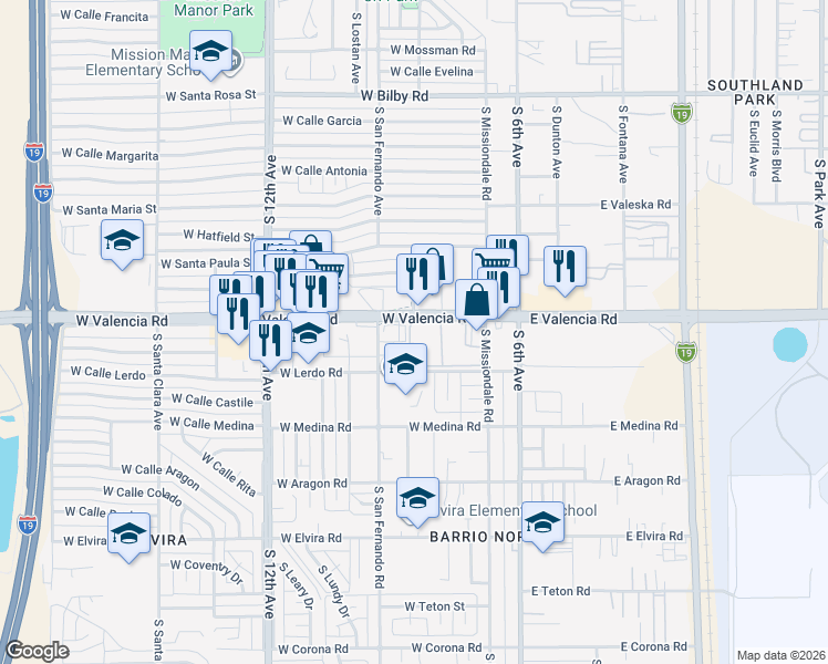 map of restaurants, bars, coffee shops, grocery stores, and more near 175 West Valencia Road in Tucson