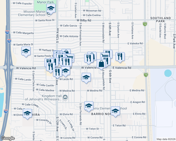 map of restaurants, bars, coffee shops, grocery stores, and more near 175 West Valencia Road in Tucson