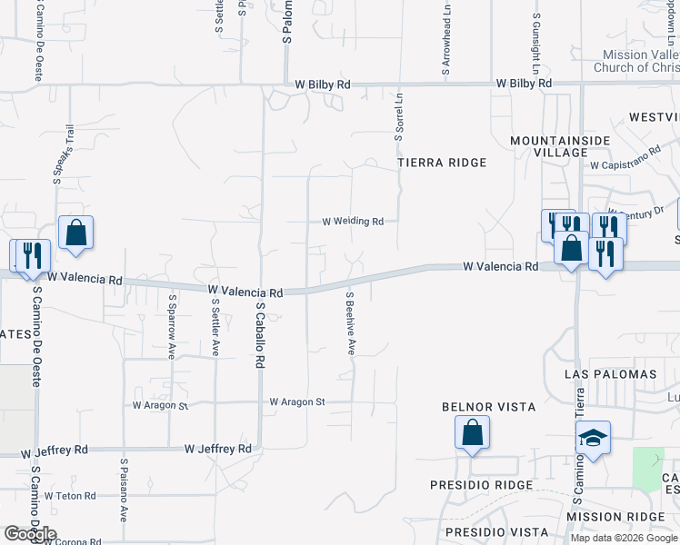 map of restaurants, bars, coffee shops, grocery stores, and more near 3883 West Valencia Road in Tucson
