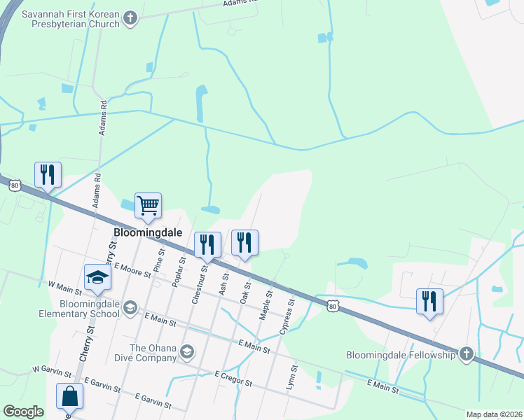 map of restaurants, bars, coffee shops, grocery stores, and more near 24 Douglas Court in Bloomingdale