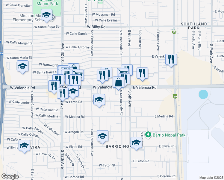 map of restaurants, bars, coffee shops, grocery stores, and more near 155 West Valencia Road in Tucson