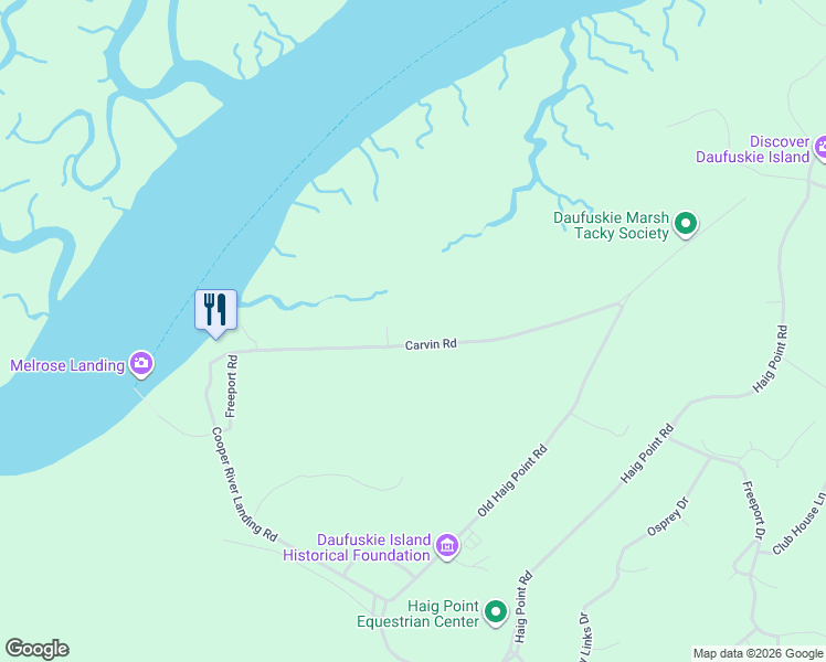 map of restaurants, bars, coffee shops, grocery stores, and more near 114 Carvin Road in Daufuskie Island