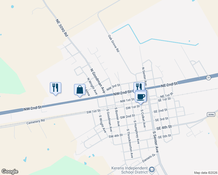 map of restaurants, bars, coffee shops, grocery stores, and more near 410 Northwest 2nd Street in Kerens
