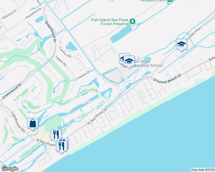 map of restaurants, bars, coffee shops, grocery stores, and more near 13 Lawton Drive in Hilton Head Island