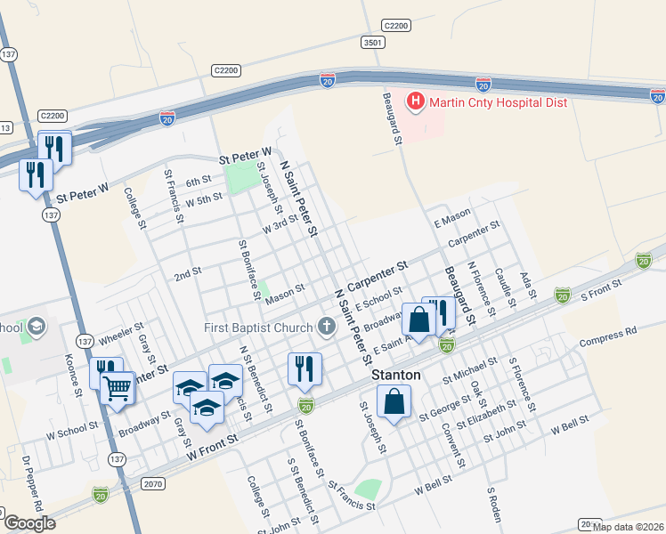 map of restaurants, bars, coffee shops, grocery stores, and more near 503 Saint Peter Street in Stanton