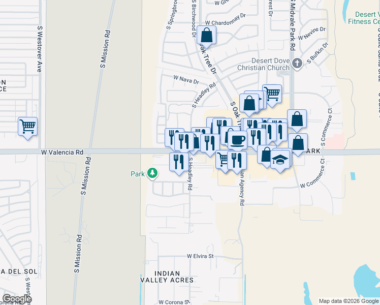 map of restaurants, bars, coffee shops, grocery stores, and more near 1901 West Valencia Road in Tucson