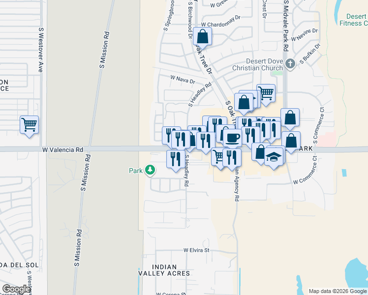 map of restaurants, bars, coffee shops, grocery stores, and more near 1970 West Valencia Road in Tucson