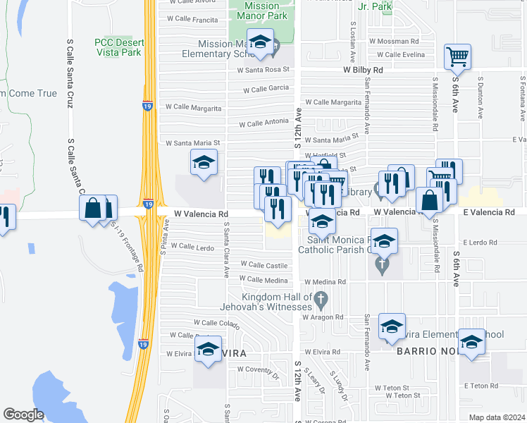 map of restaurants, bars, coffee shops, grocery stores, and more near 6451 South Pacheco Avenue in Tucson