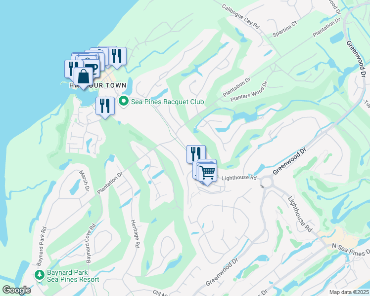 map of restaurants, bars, coffee shops, grocery stores, and more near 89 Lighthouse Road in Hilton Head Island