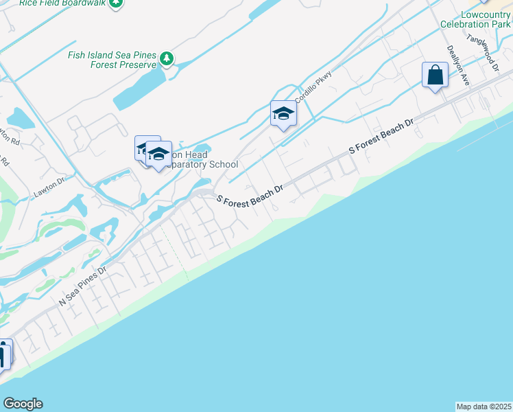 map of restaurants, bars, coffee shops, grocery stores, and more near 1 Hickory Lane in Hilton Head Island